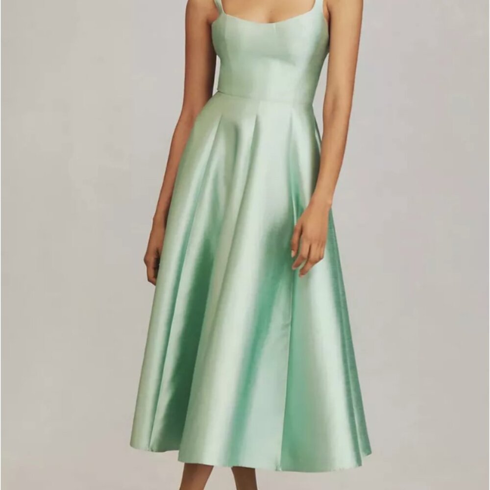 Satin Midi Dress in Mint Green - Sleeveless Fit-and-Flare